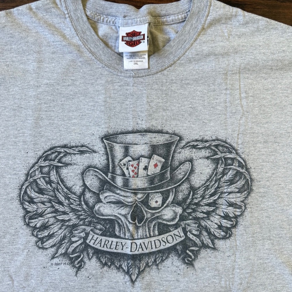 y2k vtg Harley Davidson Tee‎ 2XL Gray Florida Man Poker Skull Wings Made in US